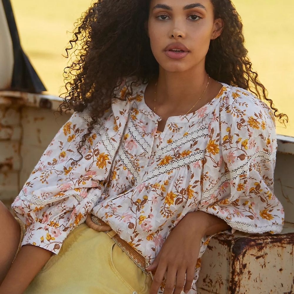 ANTHROPOLOGIE 'HARMONY LACE' FLORAL BOHO PEASANT BLOUSE PUFF SLEEVE